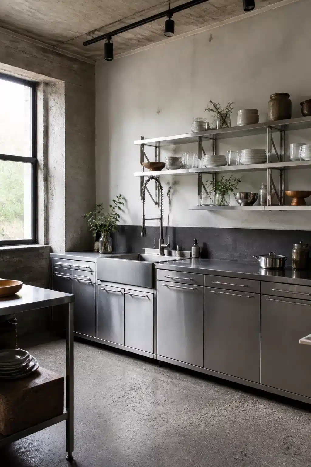 Stainless steel cabinets and open shelving in an industrial kitchen design with concrete walls and polished floors