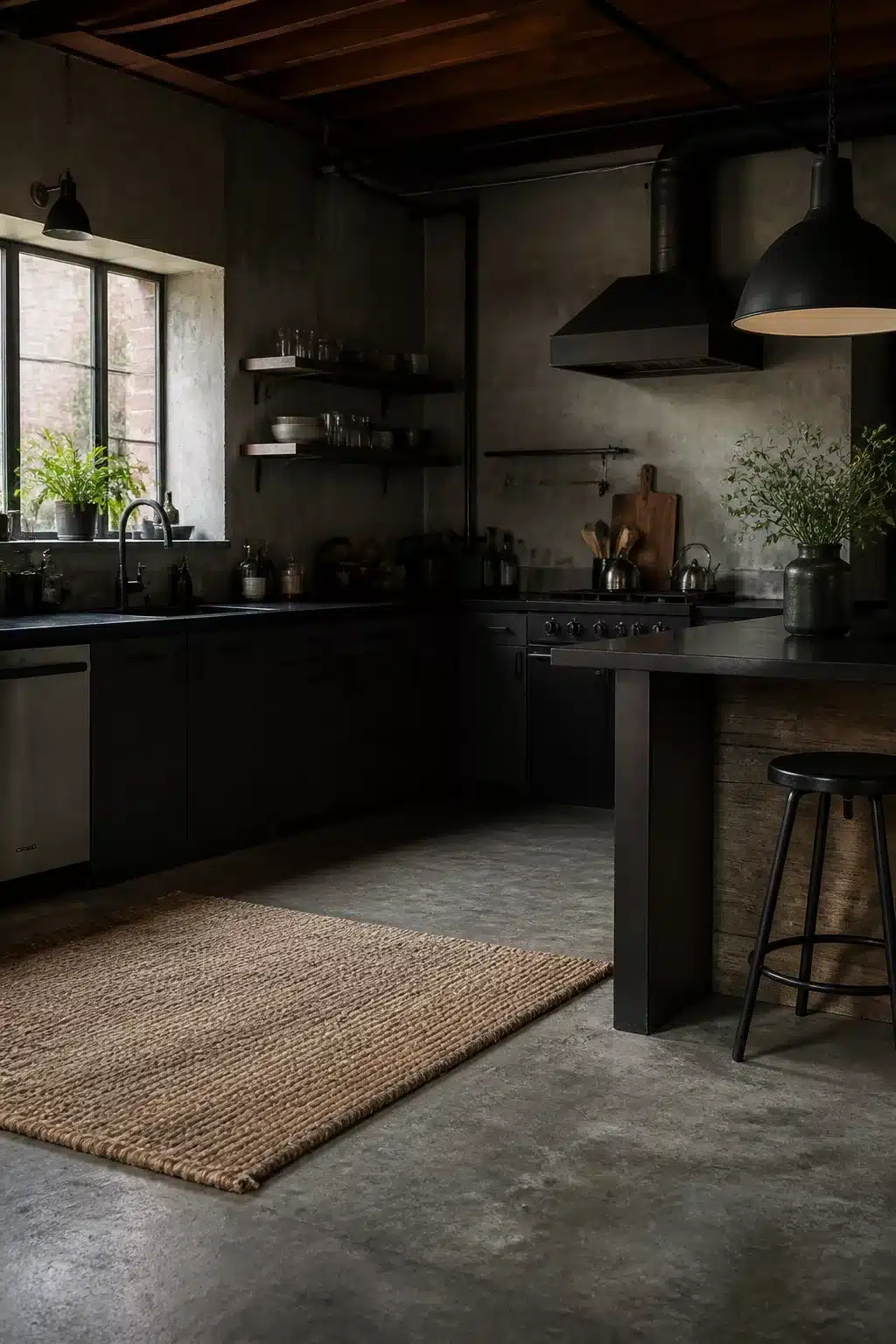 Dark industrial kitchen design with charcoal cabinets, concrete floors, jute rug, and exposed metal ductwork