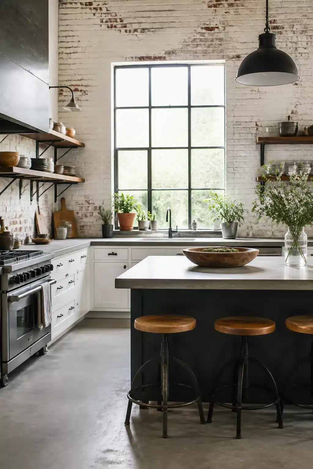 Whitewashed brick industrial kitchen design with concrete island, dark cabinets, and open wood shelving