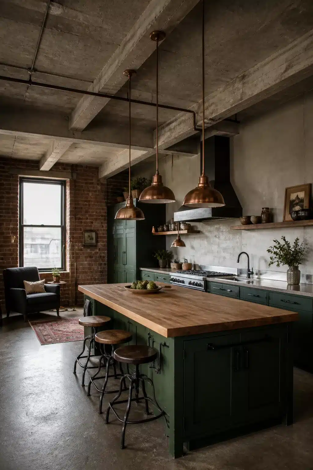 Industrial kitchen design with forest green cabinets, copper dome pendants, butcher block island, and raw concrete ceiling