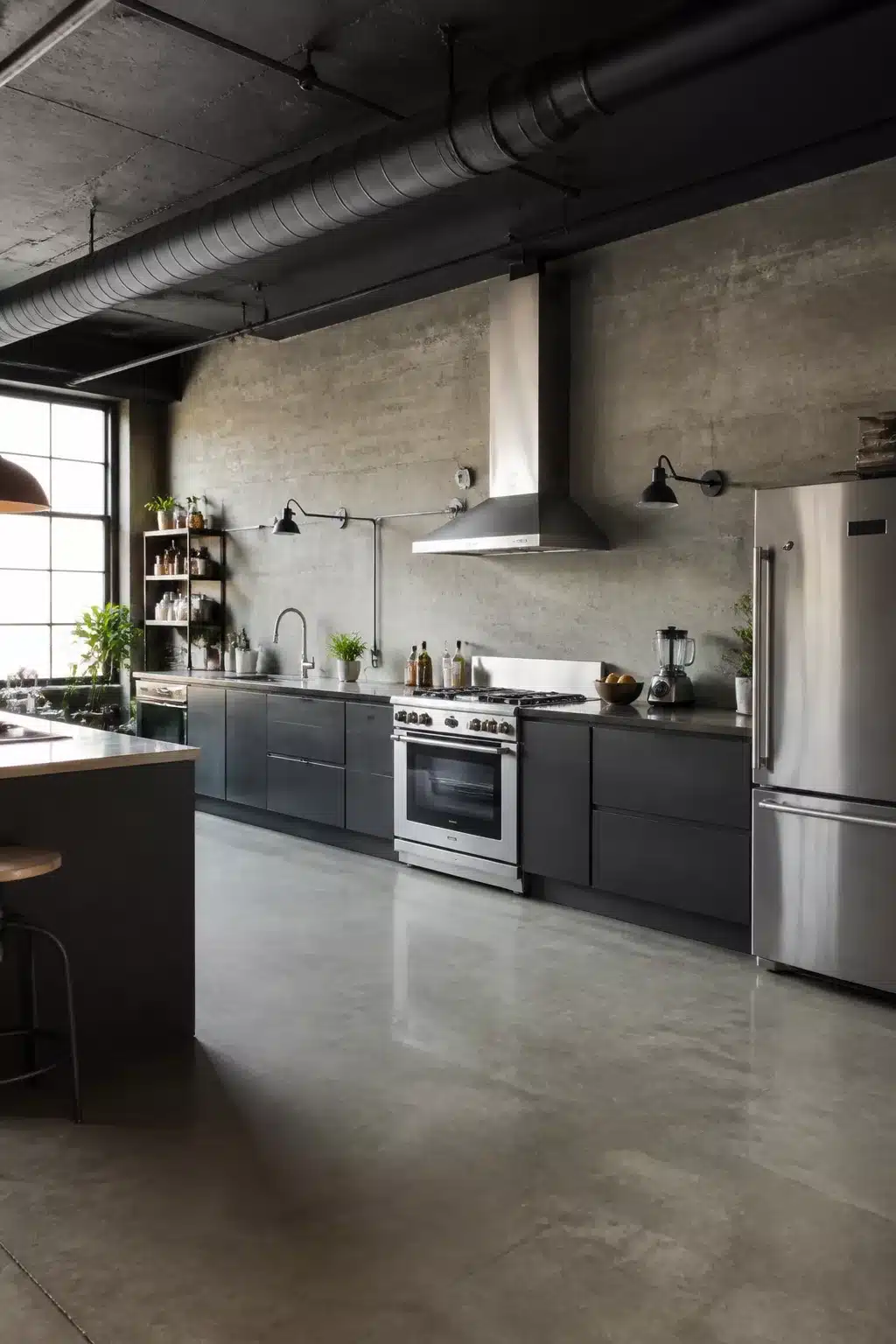 Industrial kitchen design with polished cement floors, exposed steel ductwork, dark gray cabinets & stainless counters