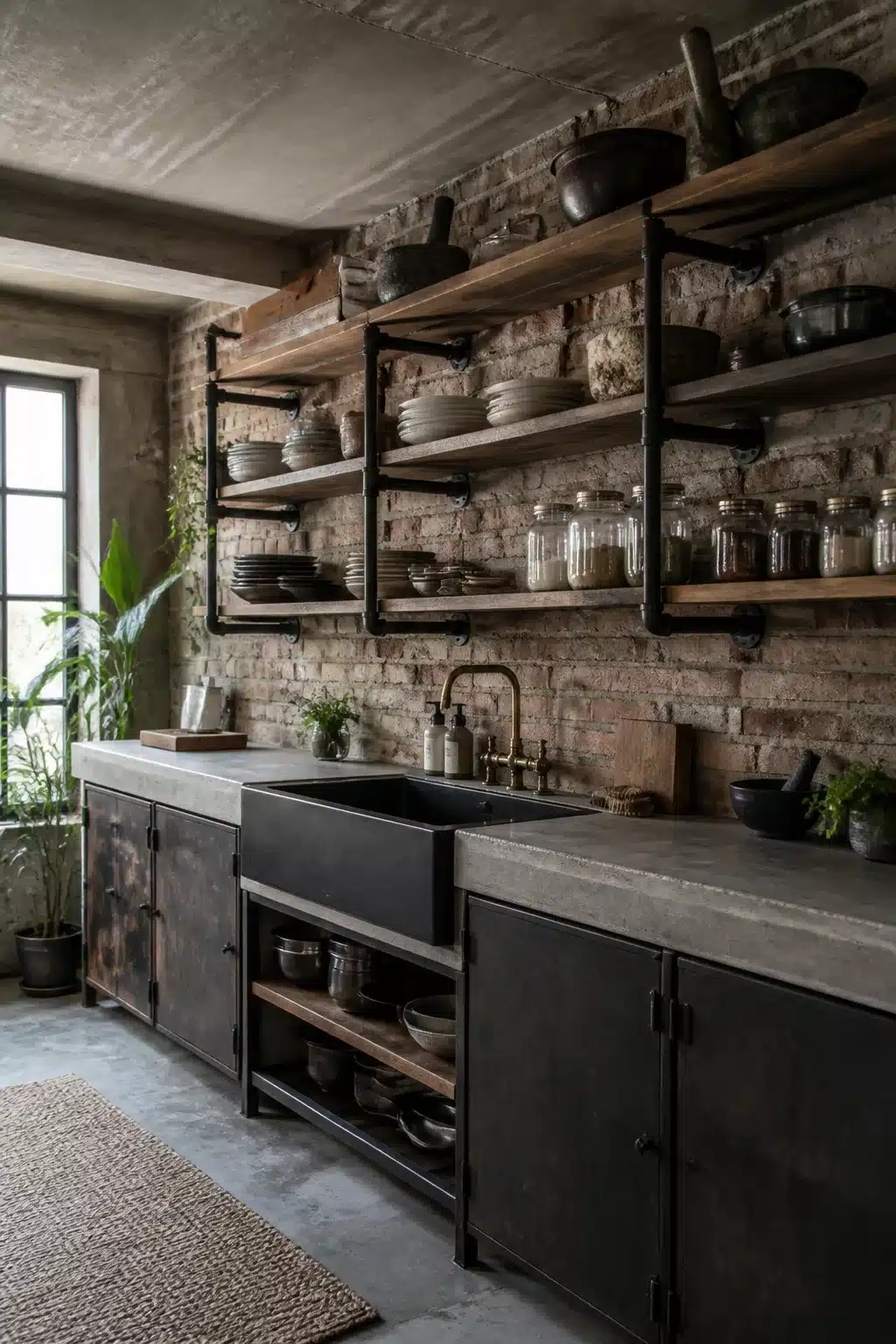 Industrial kitchen design with reclaimed wood shelves, iron pipe brackets, exposed brick, and concrete countertops