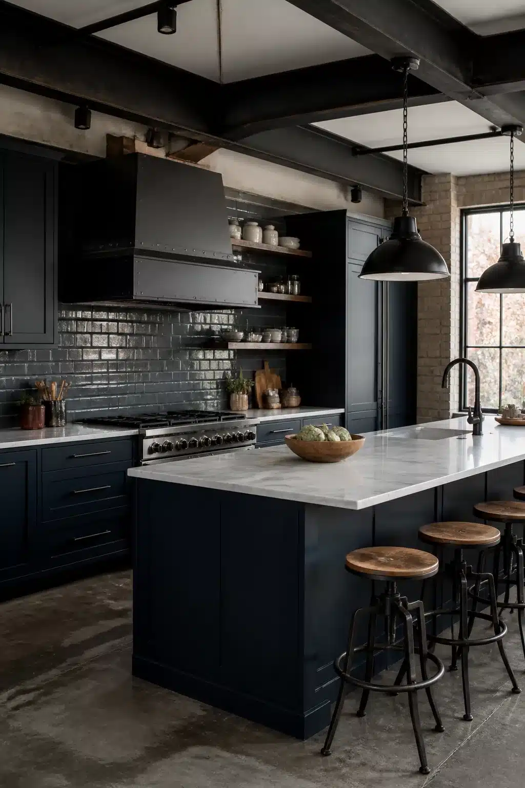 Industrial kitchen design with navy blue cabinets, metallic subway tile backsplash, exposed steel beams, and concrete floors