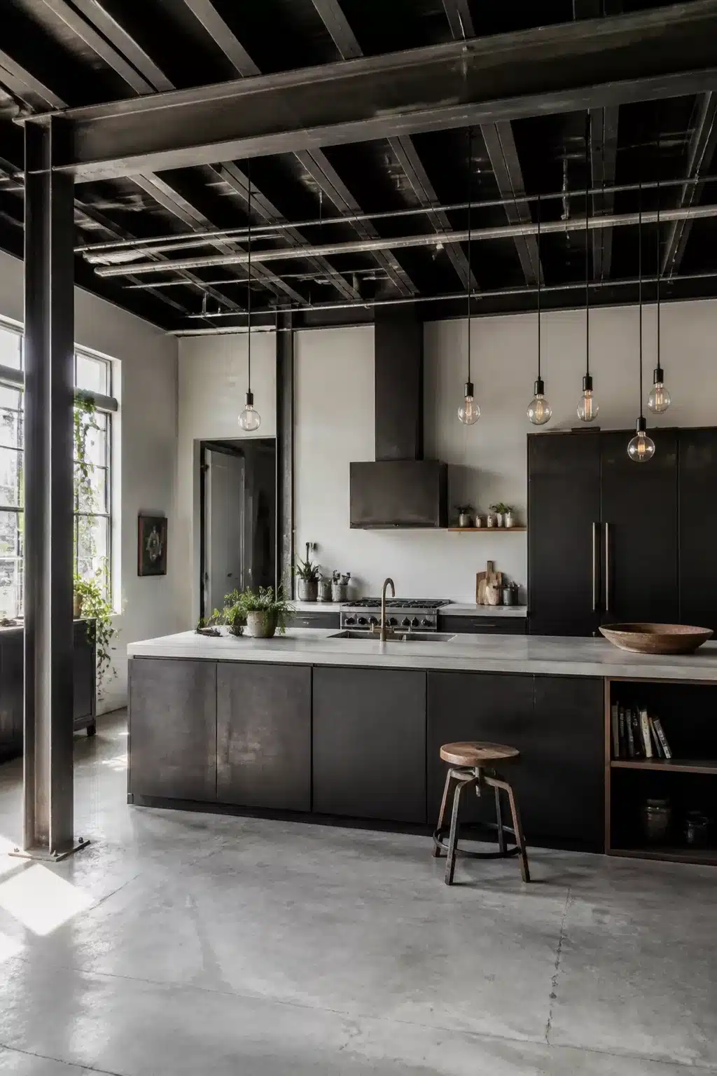 Industrial loft kitchen with blackened steel cabinets, concrete countertops, exposed ceiling beams, and bare Edison pendant lights.