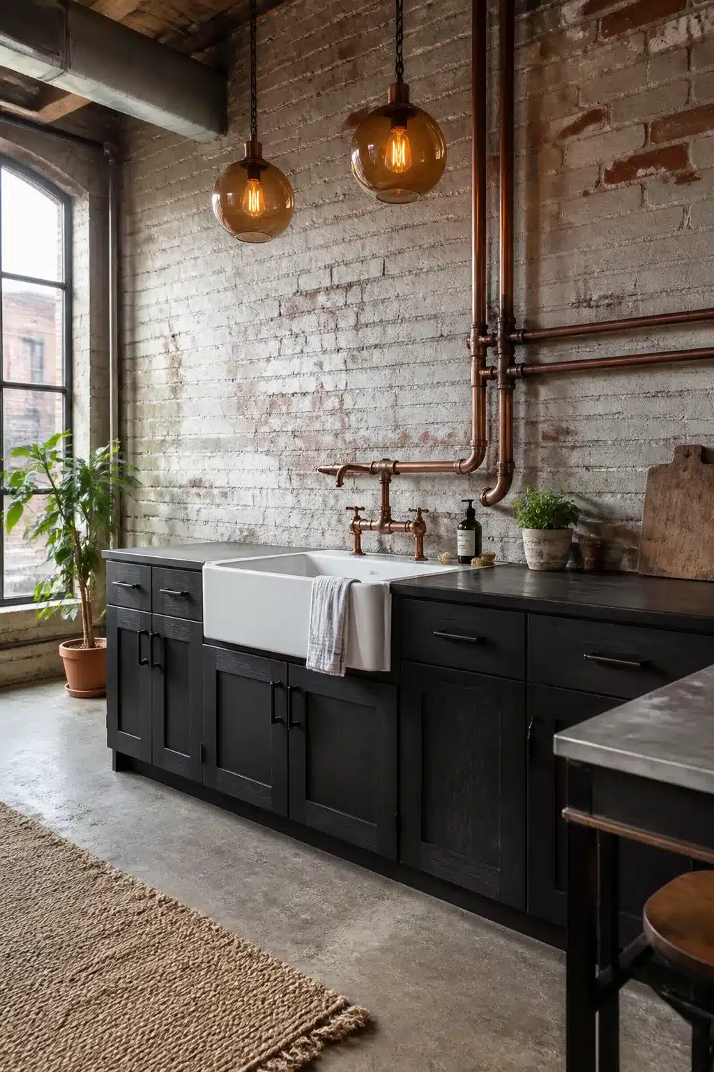 Industrial loft kitchen with exposed copper pipes, whitewashed brick, farmhouse sink, and dark charcoal cabinets