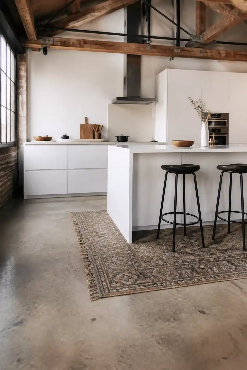 Industrial loft kitchen with white flat-front cabinets, exposed timber trusses, concrete floors, and a vintage runner rug.
