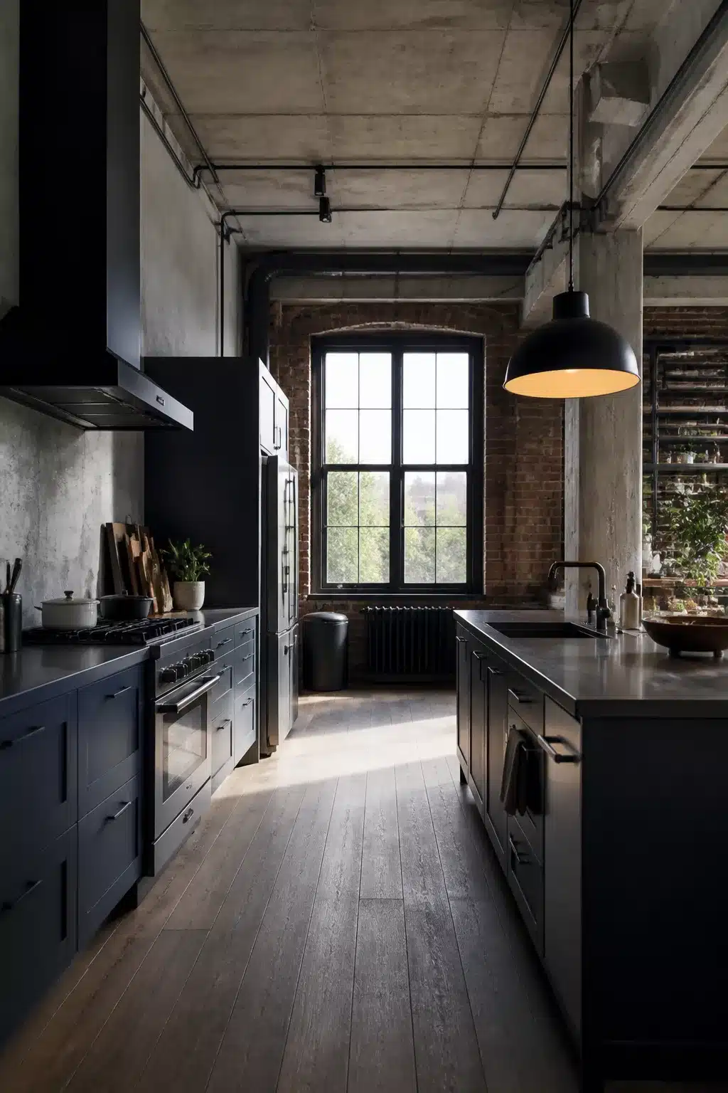Dark navy shaker cabinets and concrete countertops in an industrial loft kitchen with exposed brick and ductwork