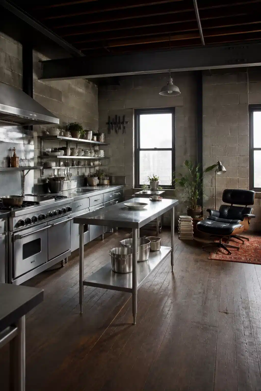 Stainless steel pro range and island in an industrial loft kitchen with concrete block walls and dark wood floors