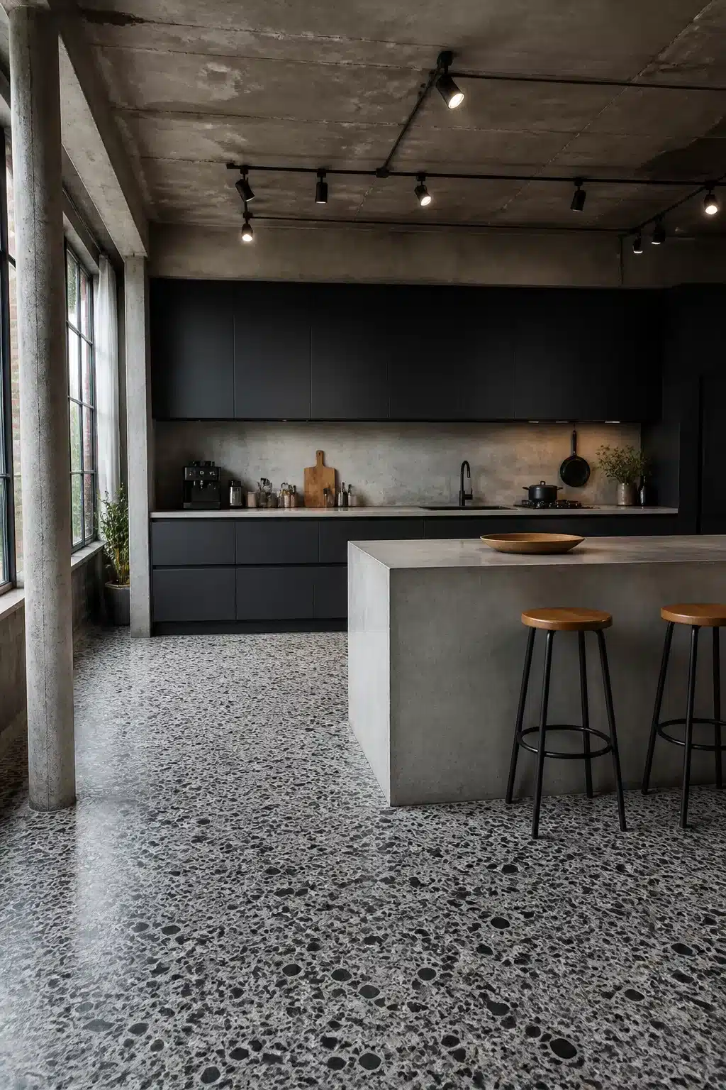 Terrazzo floor and concrete island in an industrial loft kitchen with matte black cabinets and track lighting