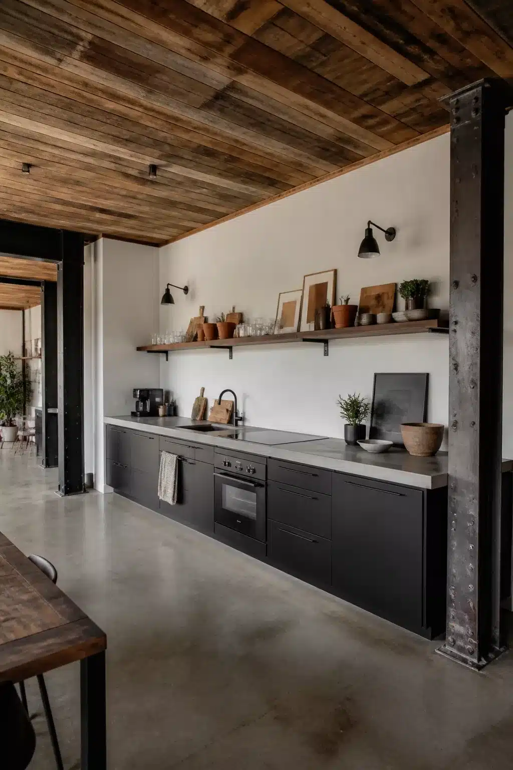 Industrial loft kitchen with reclaimed wood plank ceiling, black flat-front cabinets, concrete countertops, and open walnut shelves.
