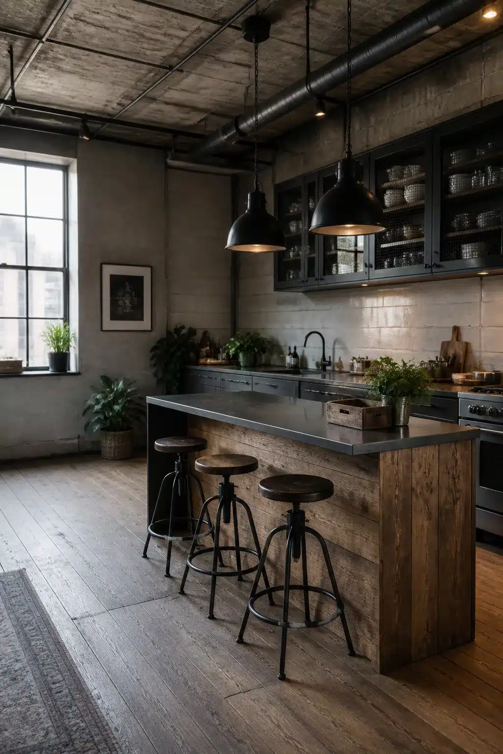 Industrial loft kitchen with reclaimed wood island base, black dome pendants, and concrete ceiling ducts