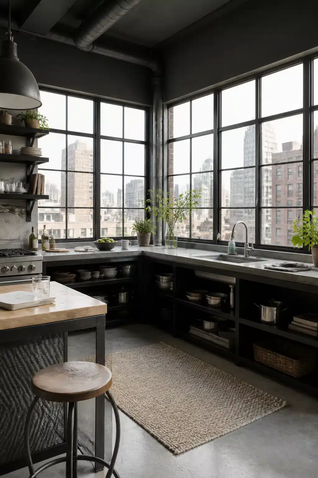Industrial loft kitchen with corner steel-framed windows, open shelving, and concrete counters overlooking city skyline