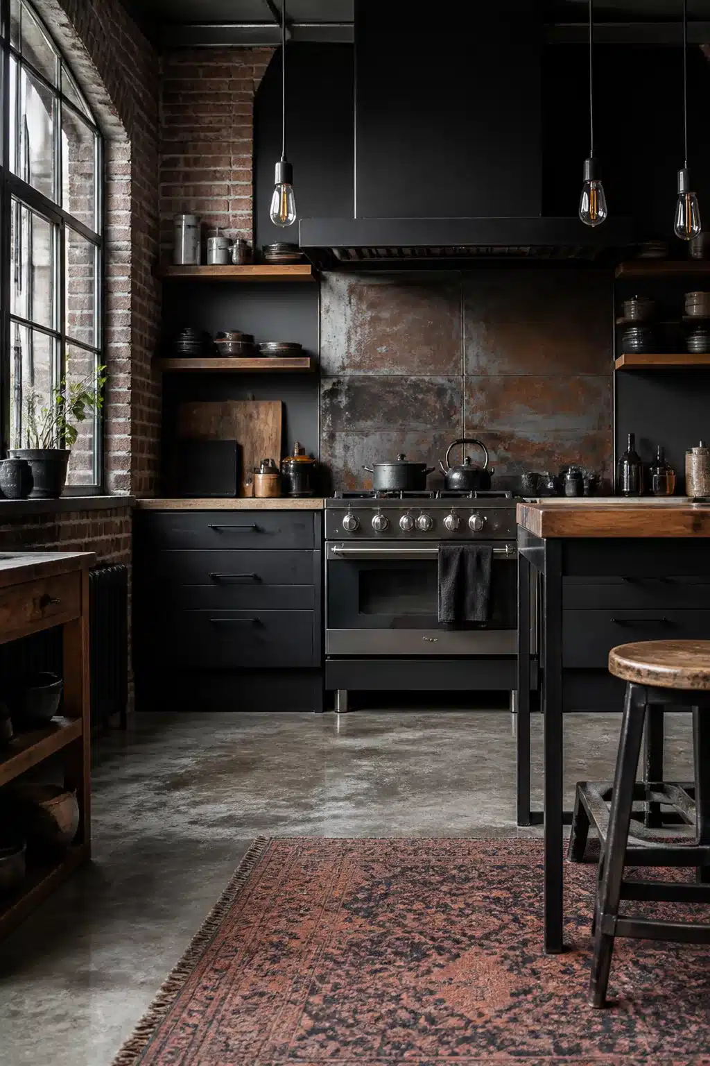 Industrial loft kitchen with oxidized rust steel backsplash, black cabinets, wood shelves, and a worn Persian rug on concrete floor.