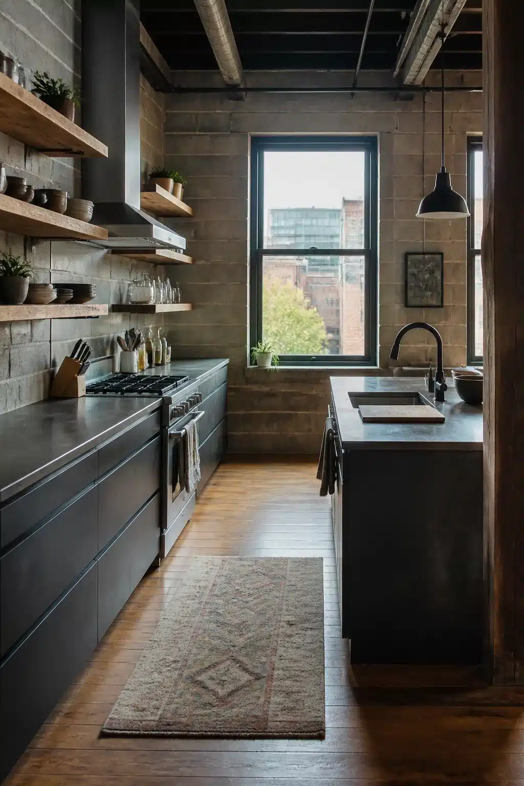 Industrial loft kitchen with concrete block walls, dark cabinets, timber shelves, and a vintage runner rug