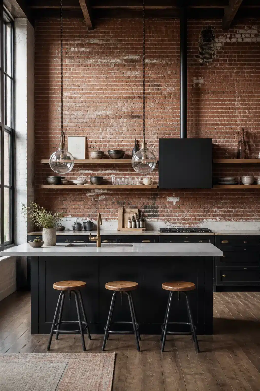 Industrial loft kitchen with exposed red brick wall, globe pendants, dark cabinets, and white stone island