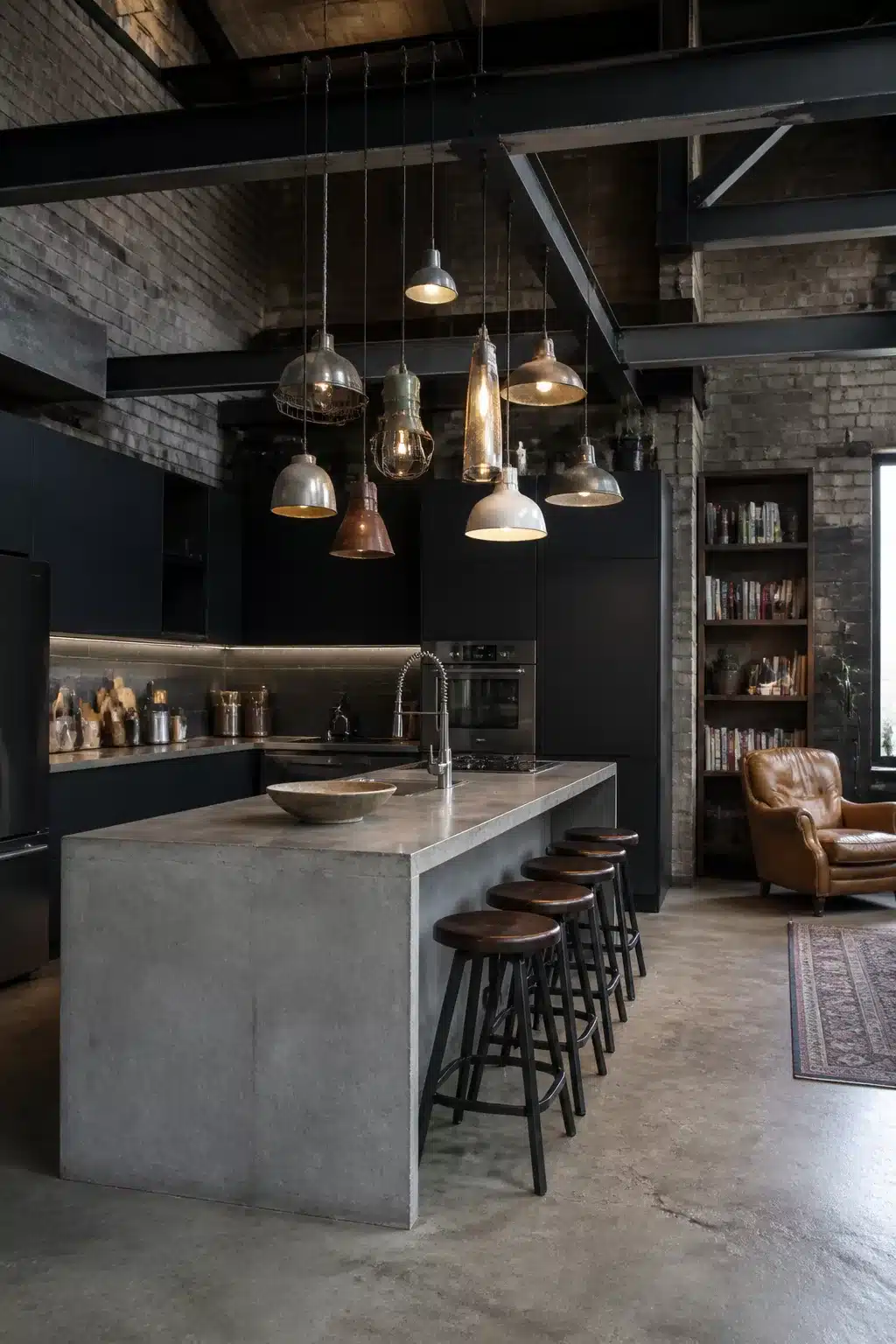 Mixed vintage pendant cluster over a raw concrete island in an industrial loft kitchen with exposed brick and steel beams