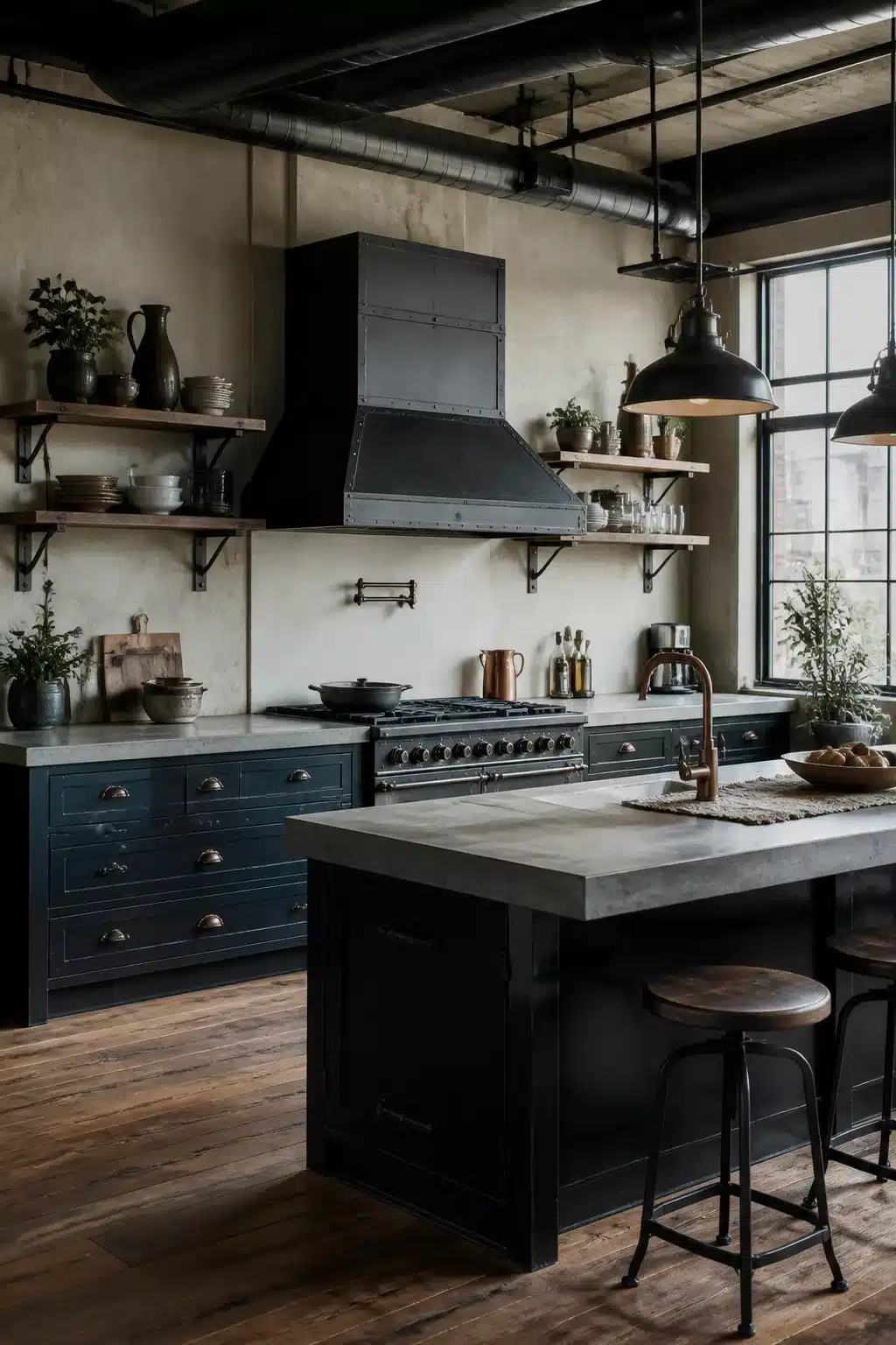 Industrial loft kitchen with riveted black hood vent, bronze hardware, navy cabinets, and concrete island top.