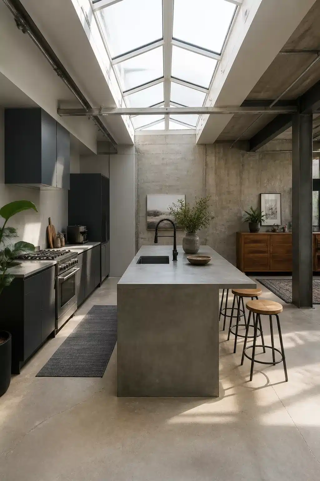 Industrial loft kitchen with a raw concrete island lit by a full-length roof skylight and wood bar stools
