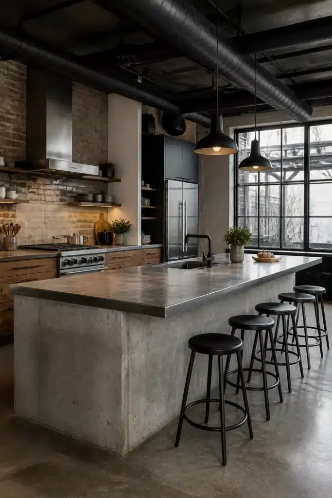 Industrial loft kitchen with polished concrete island, matte black pendants, exposed ductwork and steel-frame windows