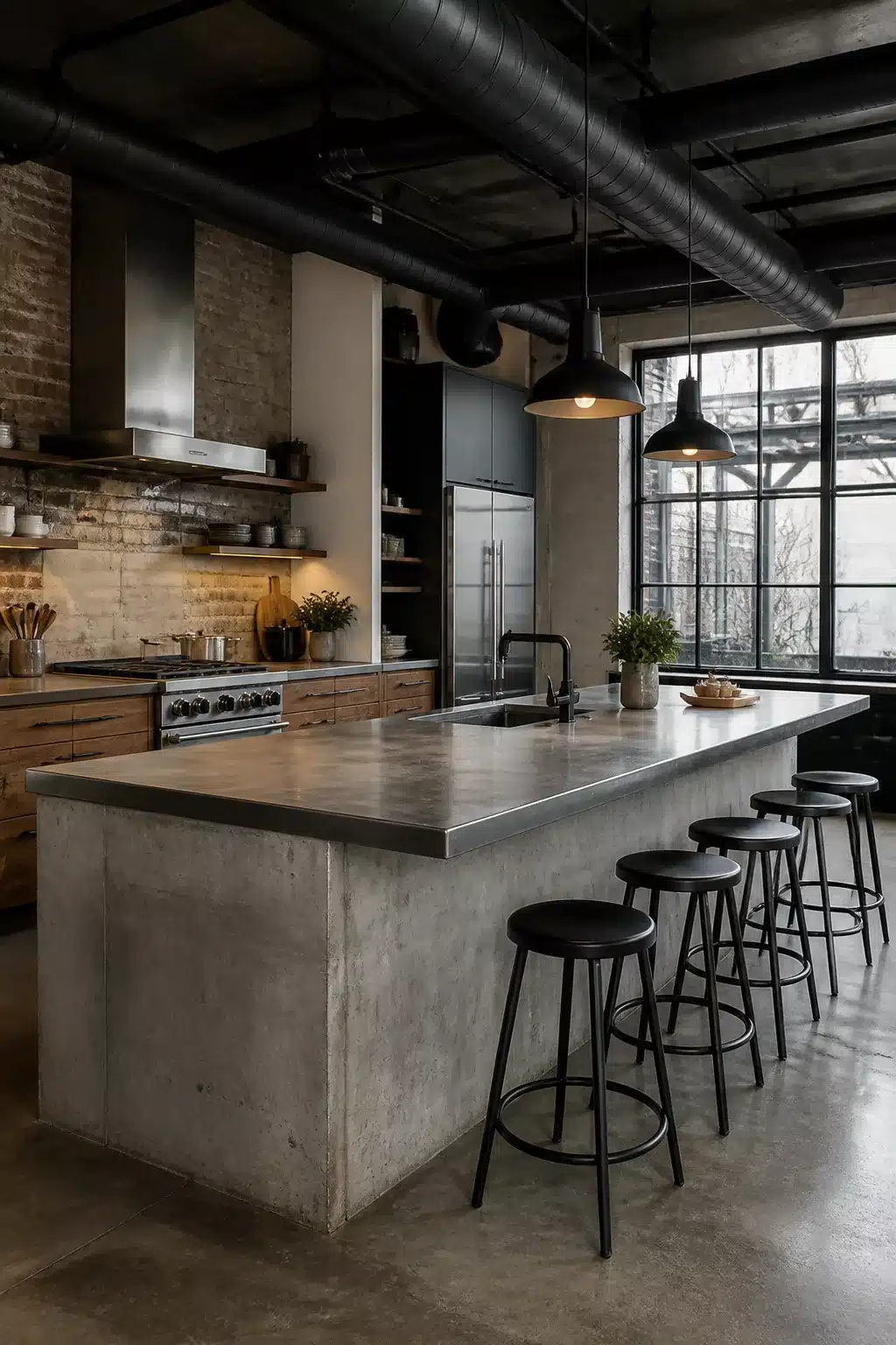 Industrial loft kitchen with polished concrete island, matte black pendants, exposed ductwork and steel-frame windows