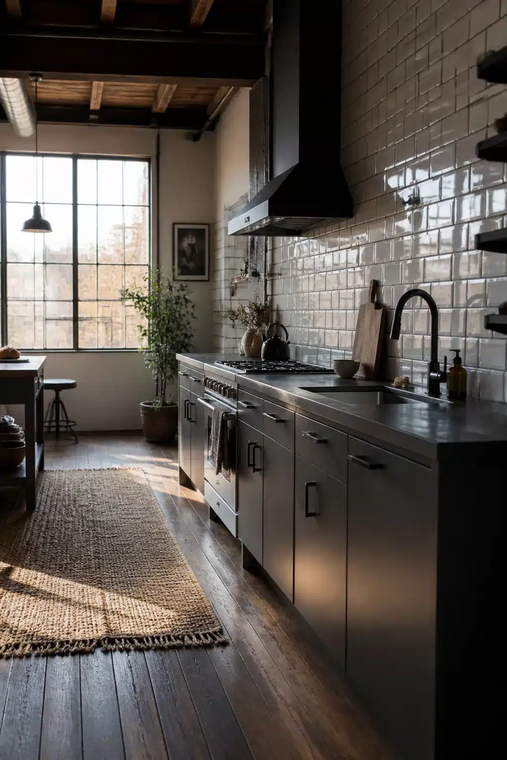 Industrial loft kitchen with white subway tiles, gunmetal grout, dark cabinets, stainless range, and jute runner