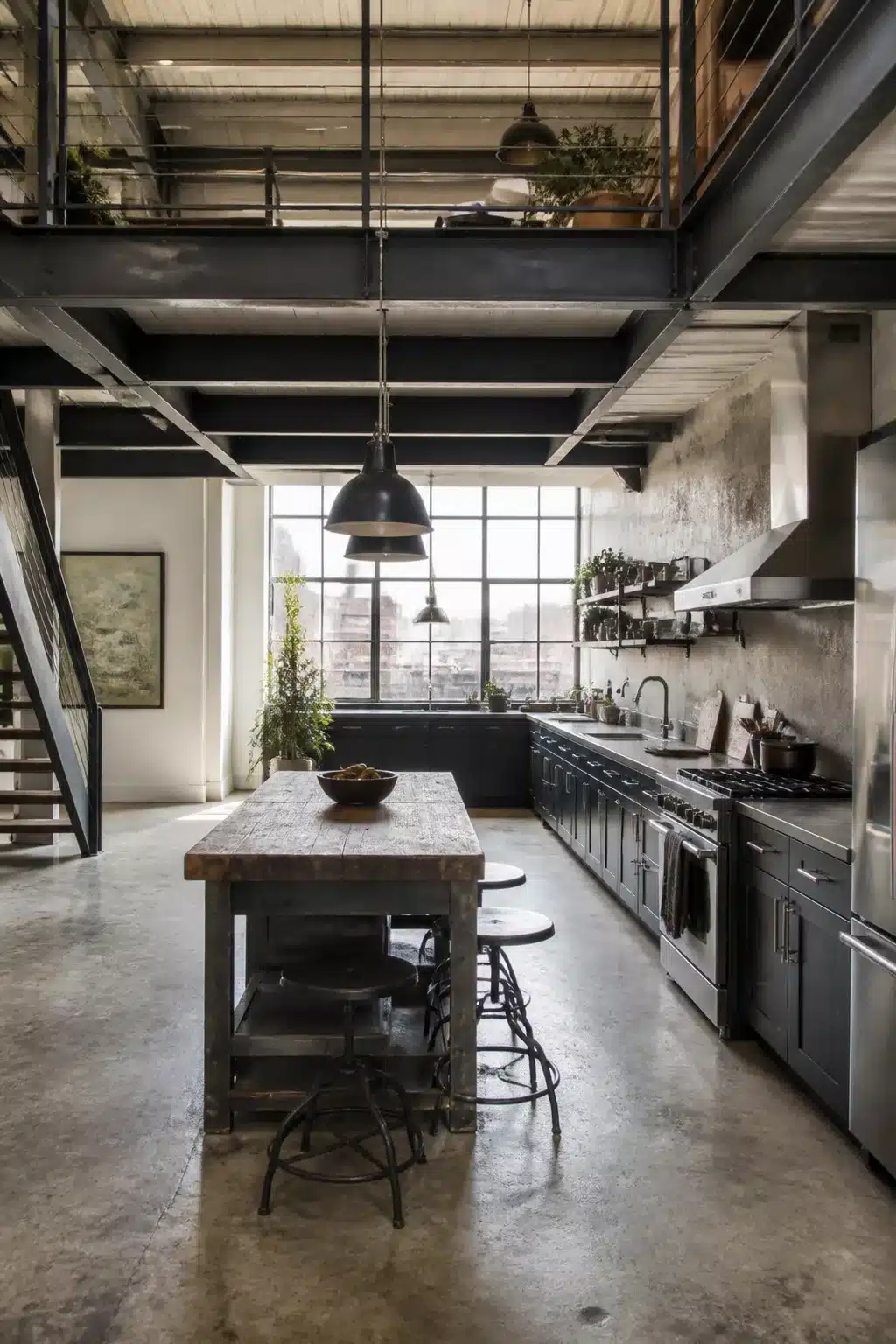 Industrial loft kitchen with butcher block island, mezzanine level, concrete floors and dark steel beams