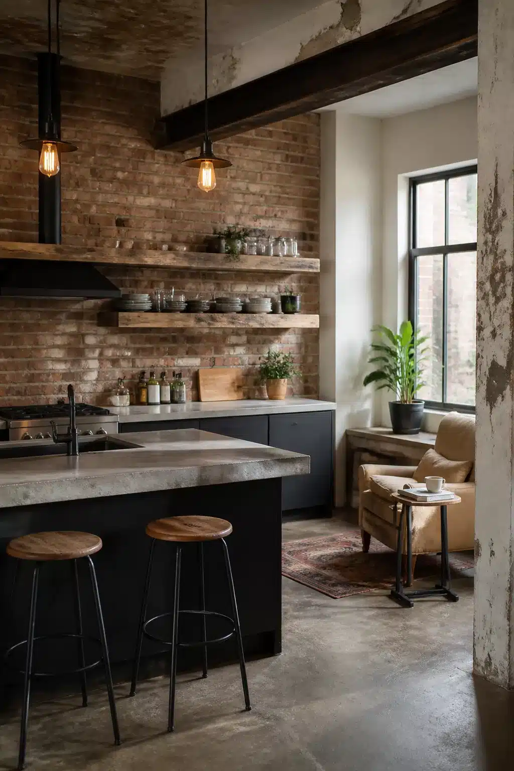 Industrial loft kitchen with poured concrete island, reclaimed wood shelves, exposed brick wall, and black cabinets