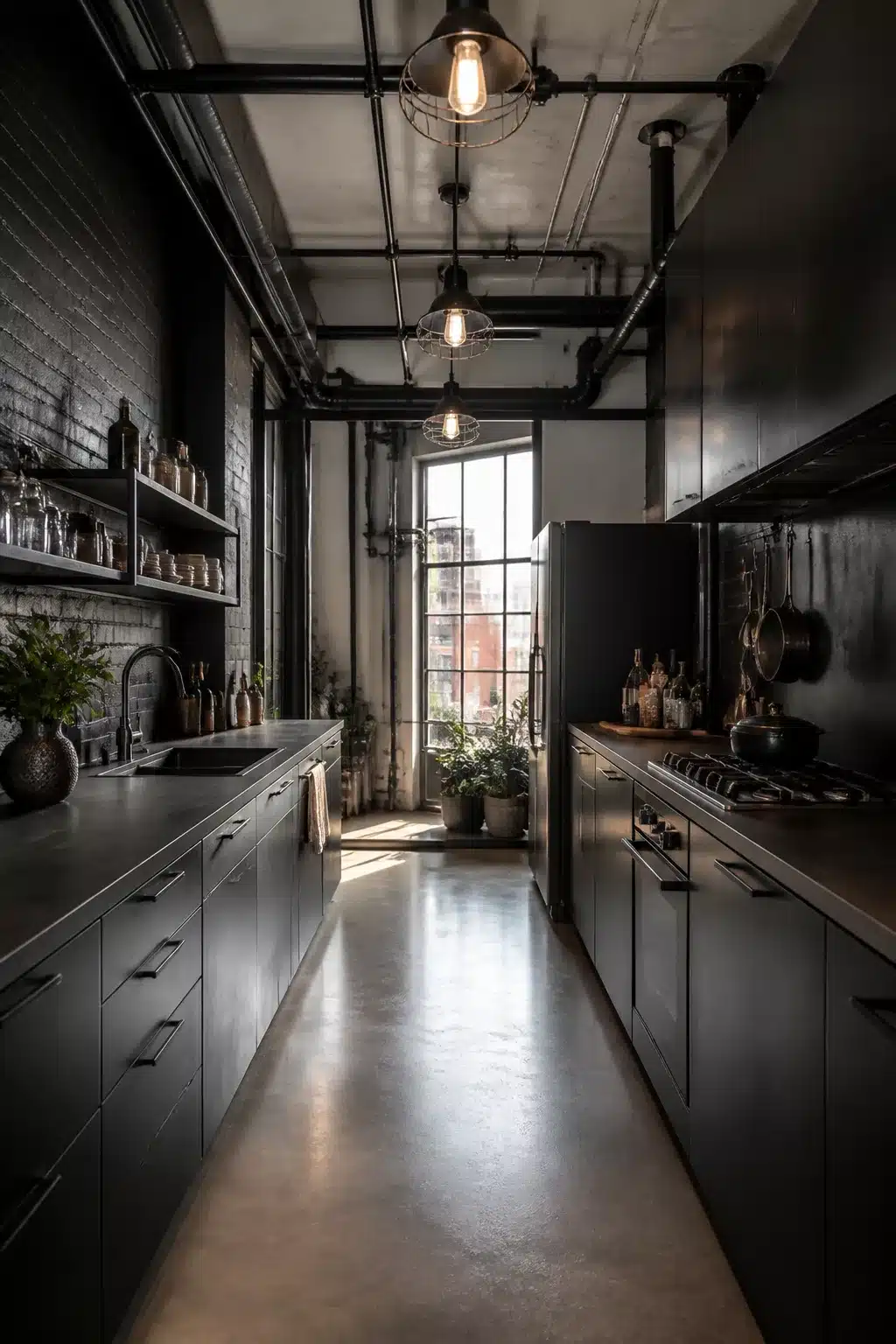 Narrow industrial loft kitchen with wire cage pendants, exposed black pipes, matte cabinets, and polished concrete floor