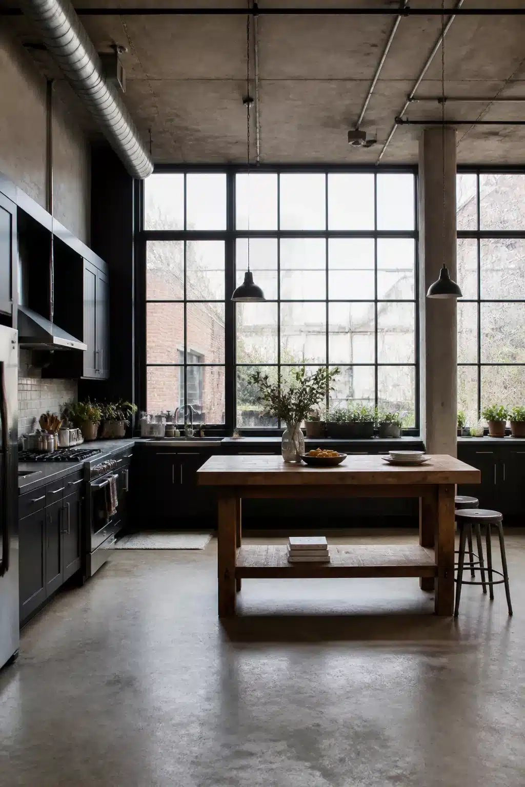 Industrial loft kitchen with factory steel window wall, raw timber island, and polished concrete floor