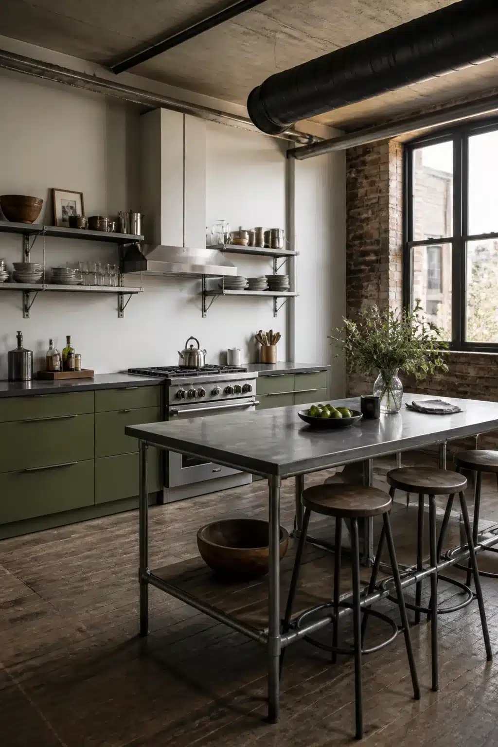 Sage green cabinets and zinc island top in an industrial loft kitchen with open shelving and exposed ductwork