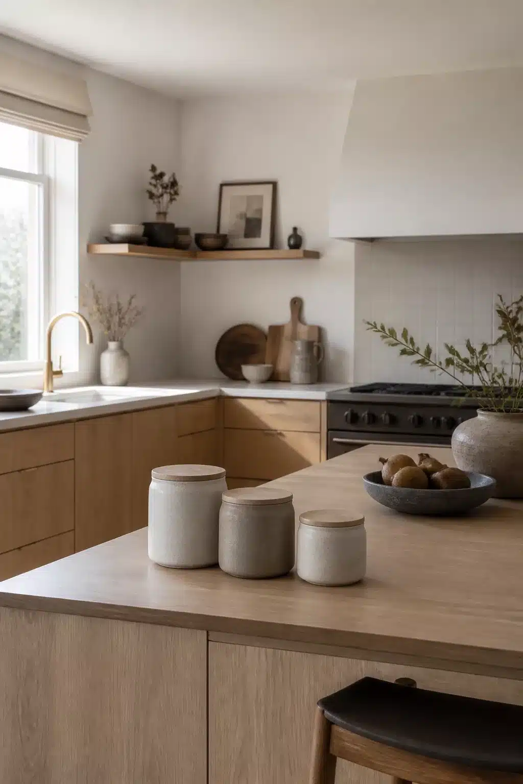 Sand-toned ceramic canister set with wood lids on an oak island — Japandi kitchen accessories in a minimalist neutral kitchen