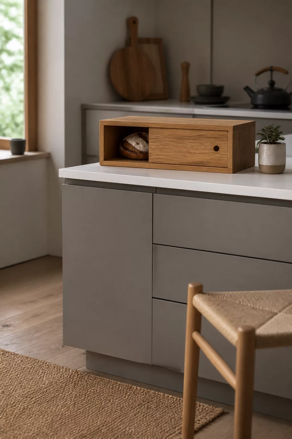 Sliding oak bread box on a white kitchen island — a key Japandi kitchen accessory in a gray minimalist kitchen.