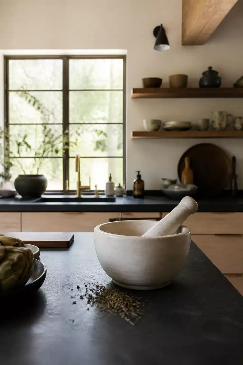 Stone mortar and pestle on dark slate island — Japandi kitchen accessories with oak shelving and matte ceramics