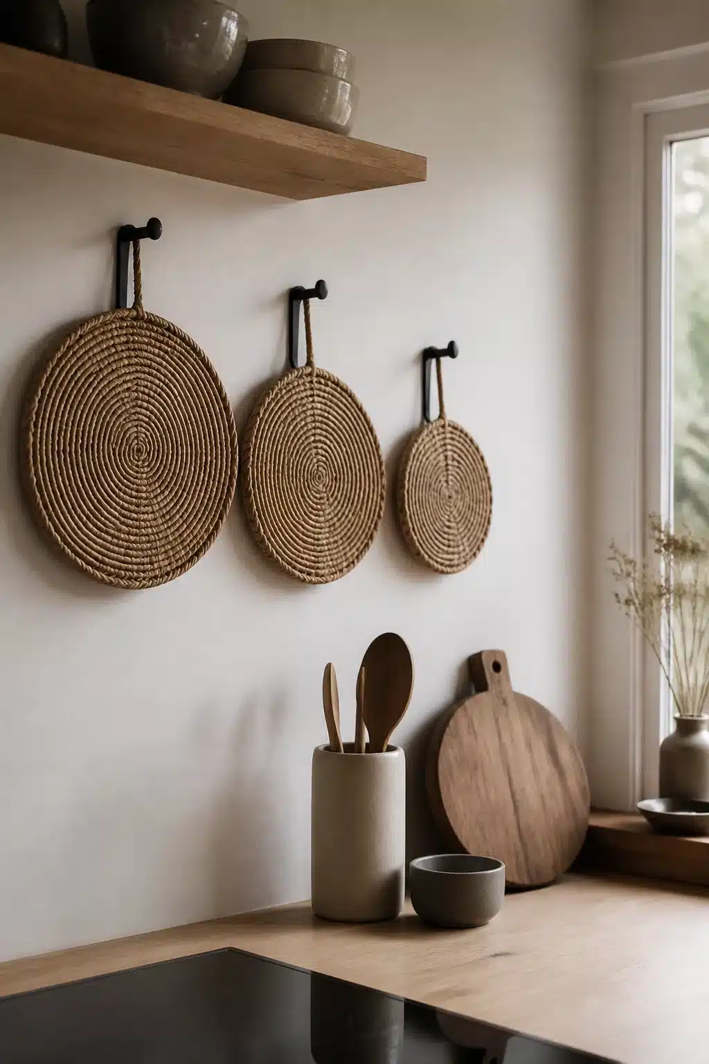 Woven rattan trivet set hung on black hooks in a Japandi kitchen with wood shelf and accessories