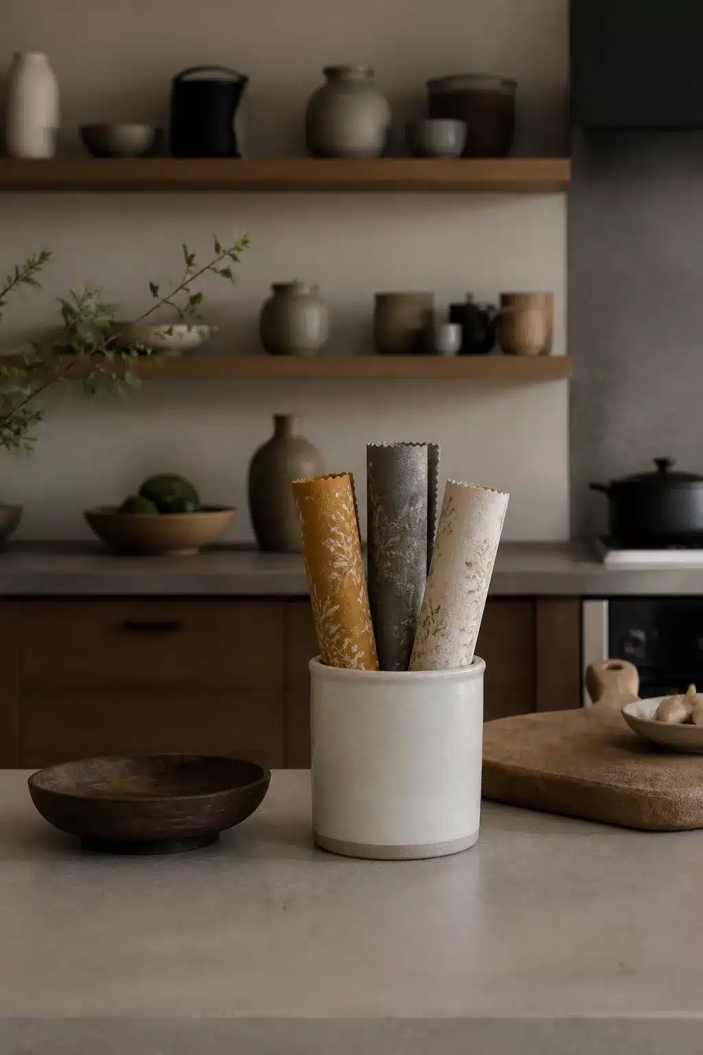 Botanical beeswax wrap rolls in white stoneware crock — Japandi kitchen accessories on a stone countertop