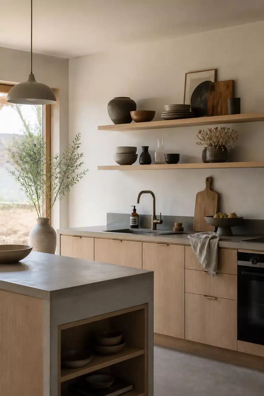 Japandi kitchen accessories including dark matte stoneware bowls on floating oak shelves with concrete countertop