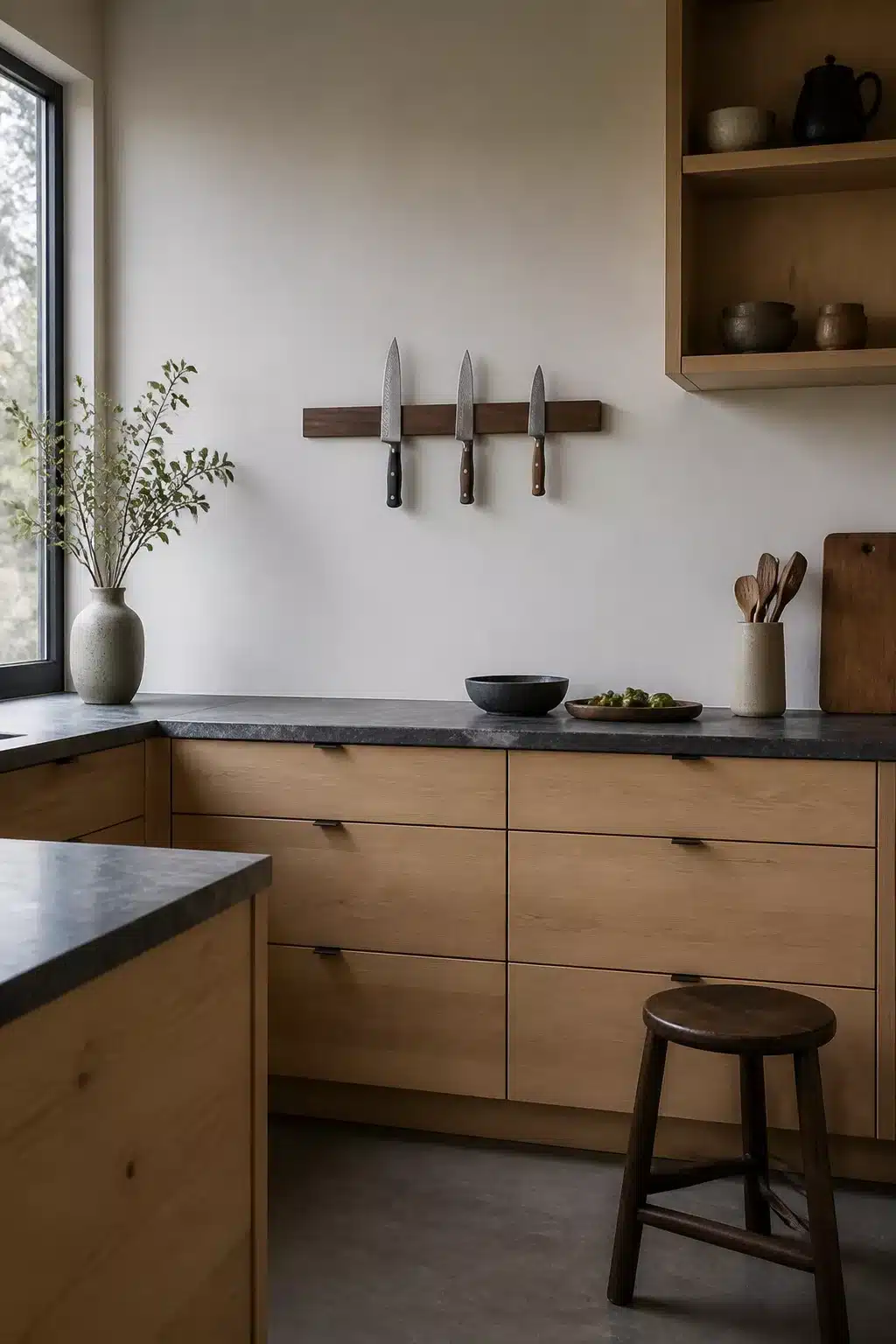 Walnut magnetic knife strip on plaster wall in a Japandi kitchen with oak cabinets and soapstone countertops