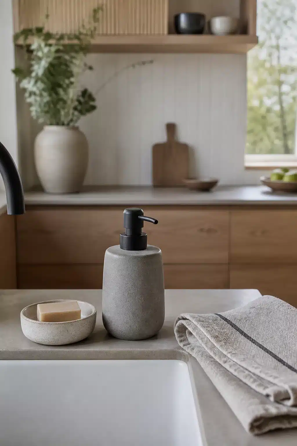 Concrete soap dispenser with matte black pump beside a ceramic dish — Japandi kitchen accessories at the sink