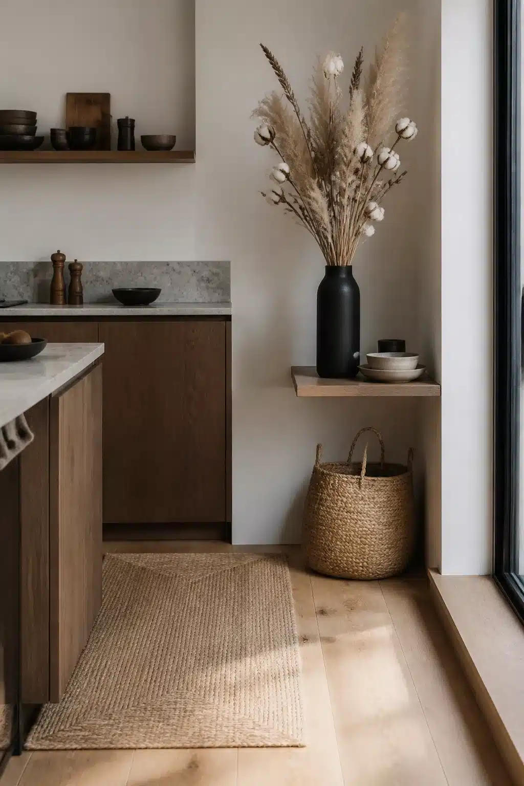 Dried pampas grass and cotton stems in matte black vase — Japandi kitchen accessories on floating wood shelf