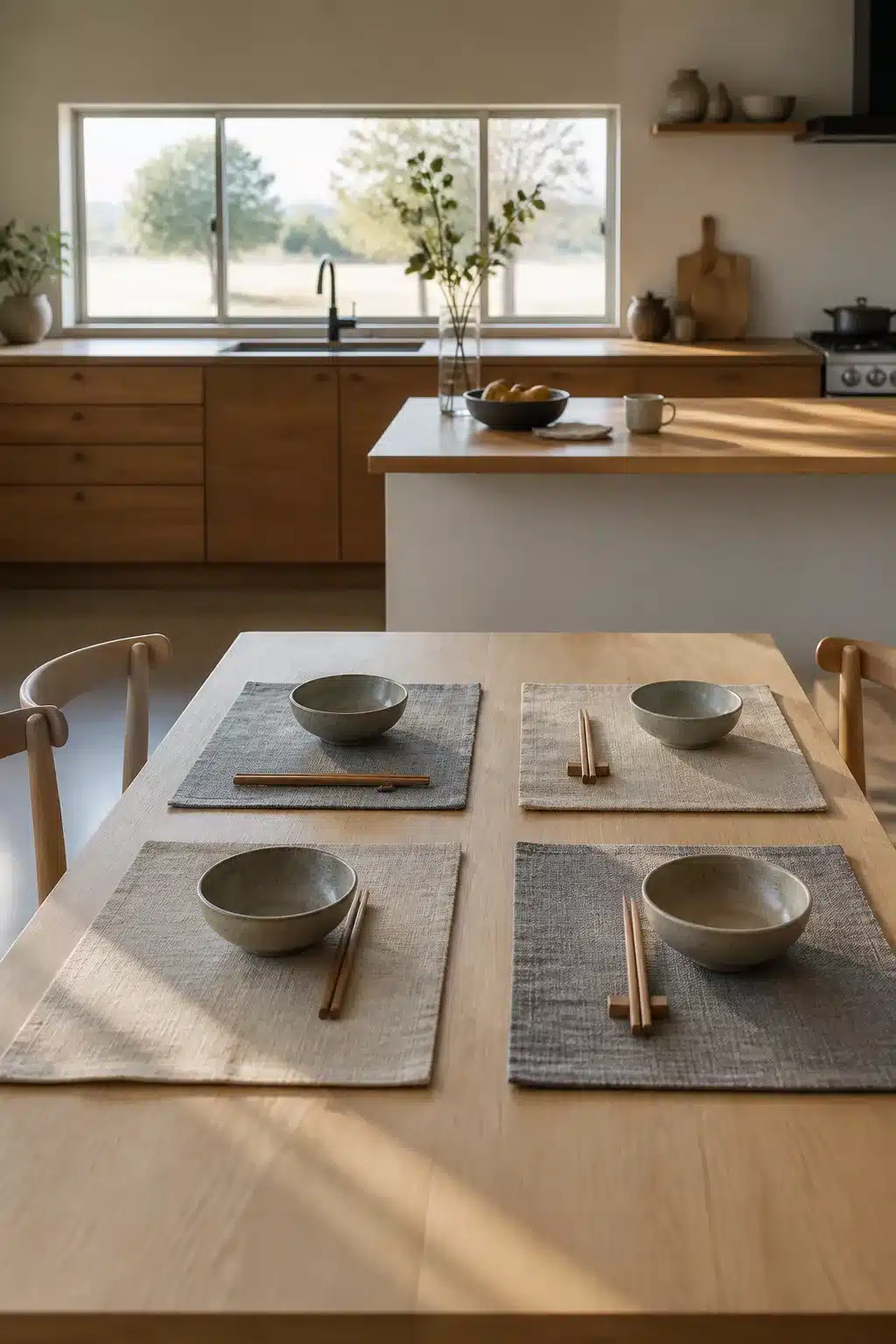 Gray linen placemats with celadon bowls and chopsticks on an oak table — Japandi kitchen accessories