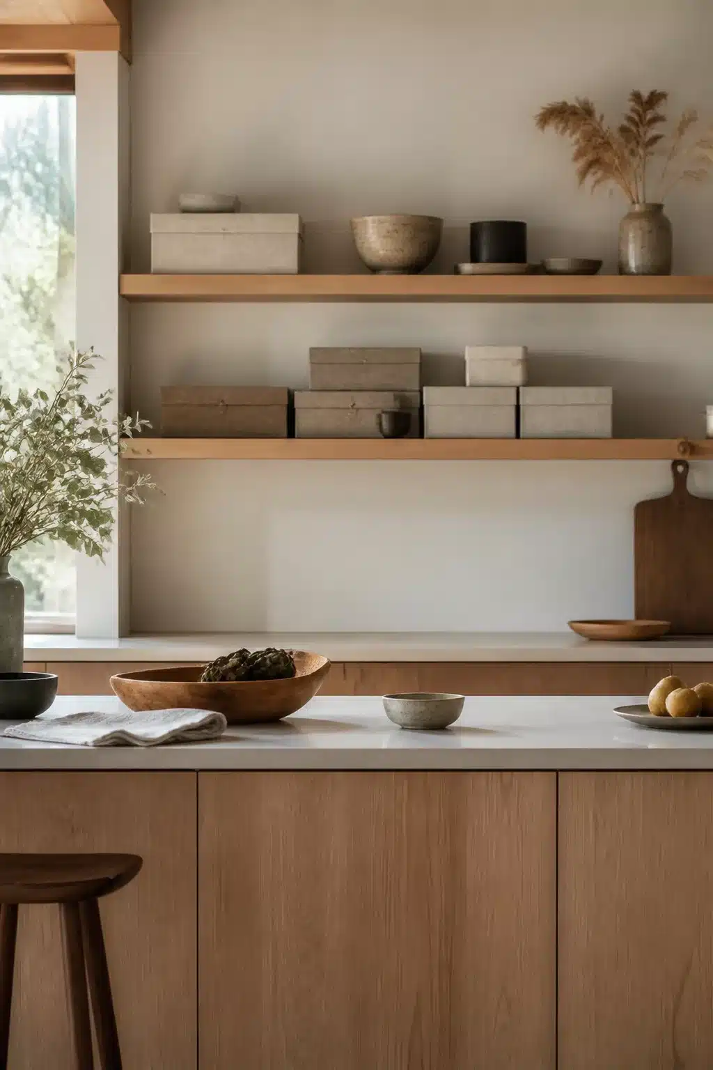 Washi paper wrapped storage boxes on oak shelves — Japandi kitchen accessories in a minimal, warm neutral kitchen