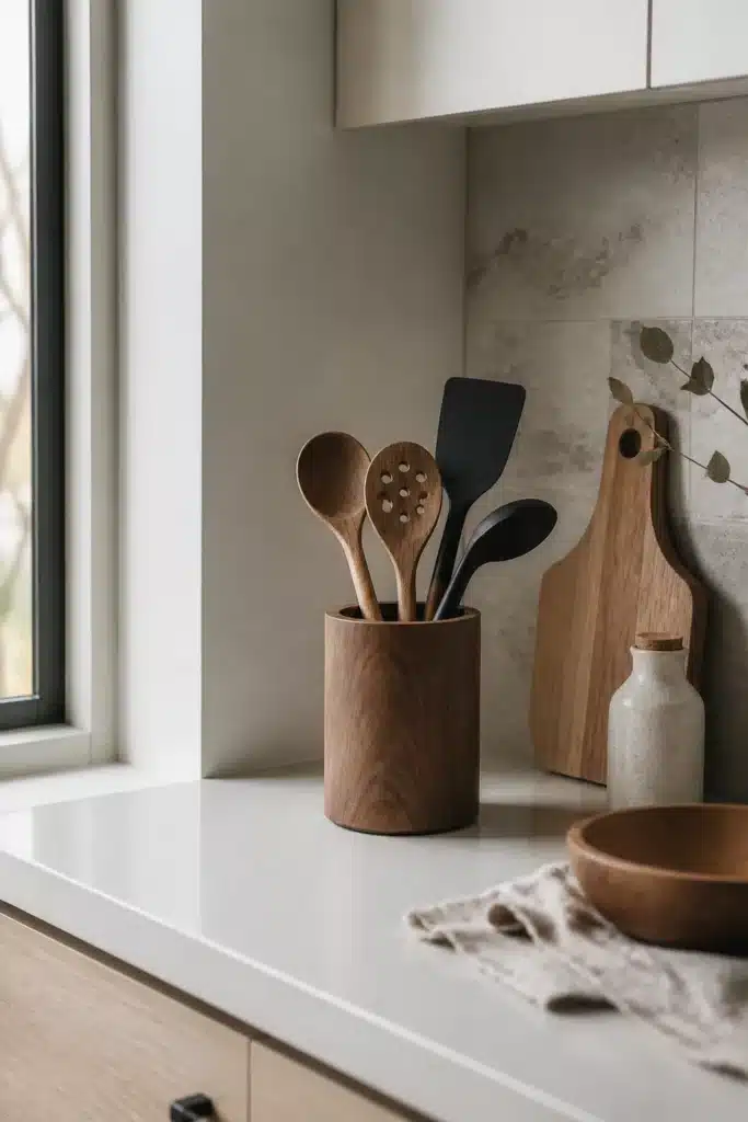 Dark walnut utensil holder with wooden spoons on a white counter — Japandi kitchen accessories styled simply