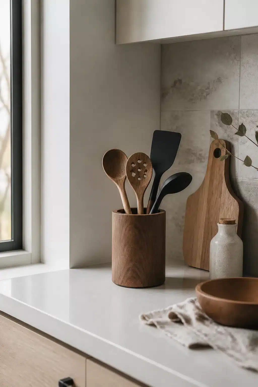 Dark walnut utensil holder with wooden spoons on a white counter — Japandi kitchen accessories styled simply