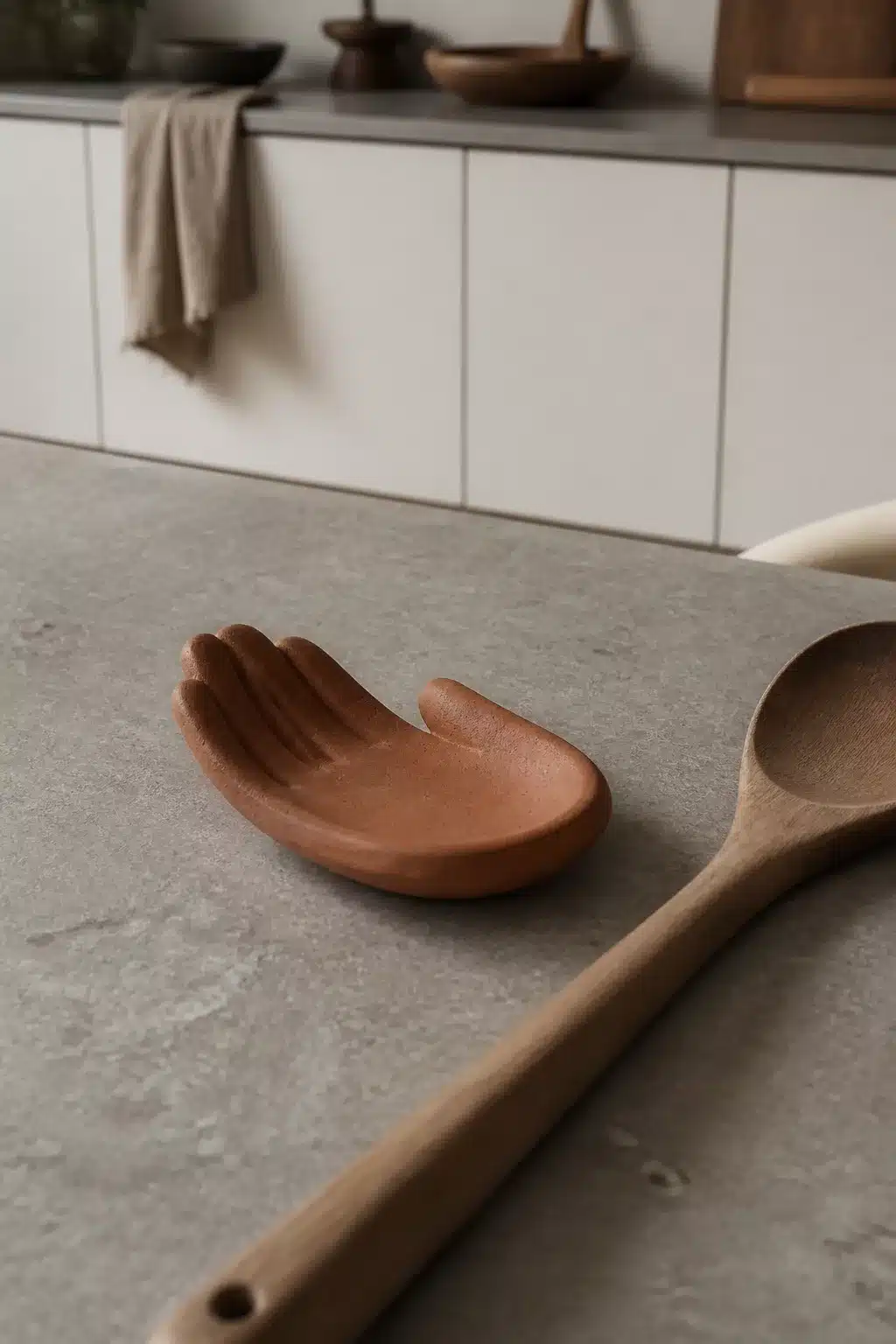Terracotta hand-shaped clay spoon rest on gray countertop — Japandi kitchen accessories with wooden utensils