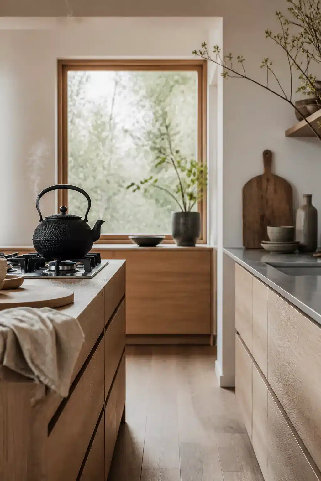 Matte black cast iron kettle on gas burner in a warm oak Japandi kitchen — Japandi kitchen accessories