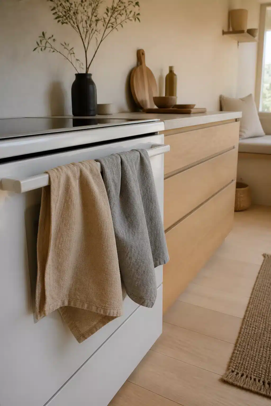 Sand and gray linen dish towels on a kitchen island rail — Japandi kitchen accessories in neutral tones