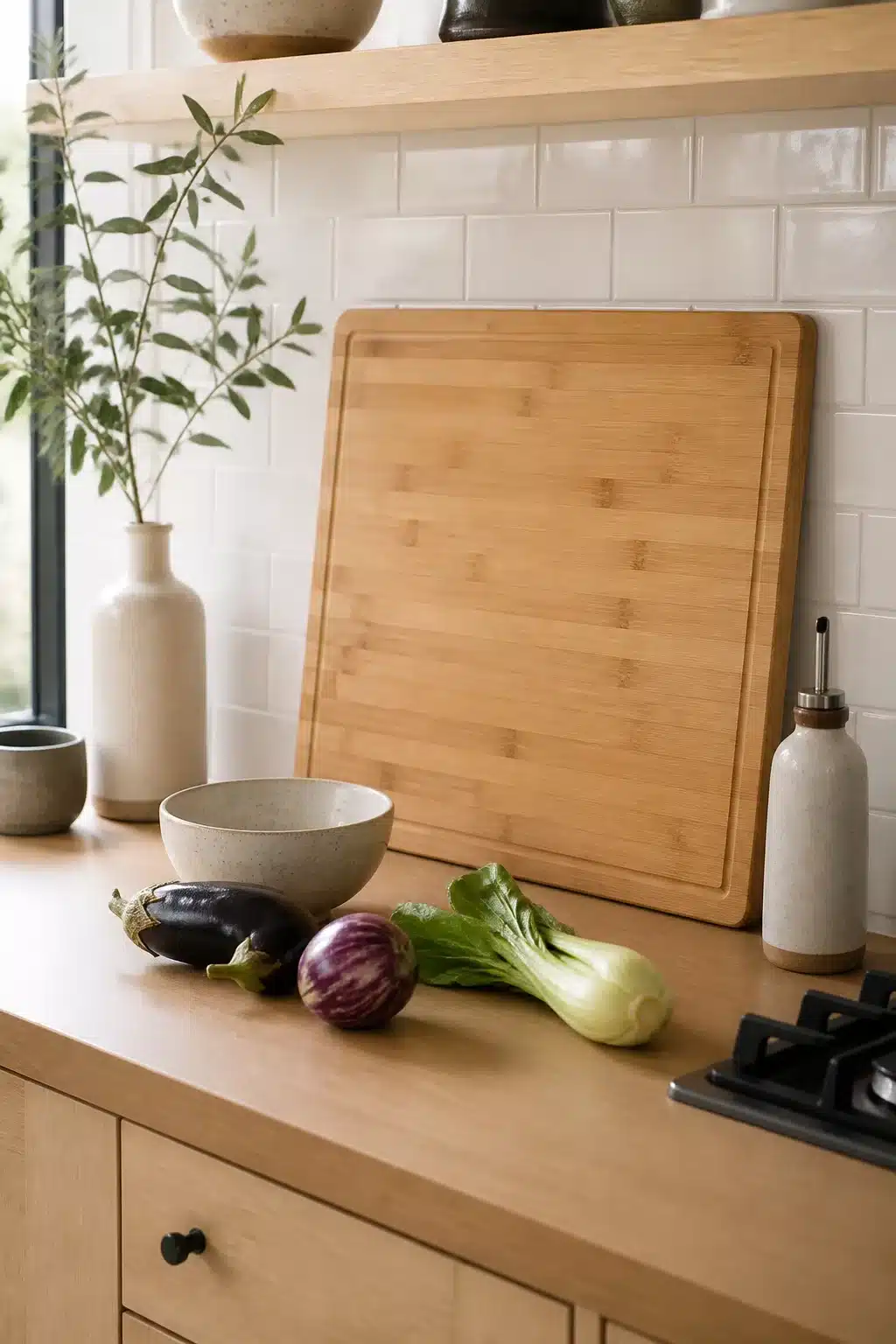 Large bamboo cutting board leaning against white subway tile on an oak kitchen counter — Japandi kitchen accessories styling