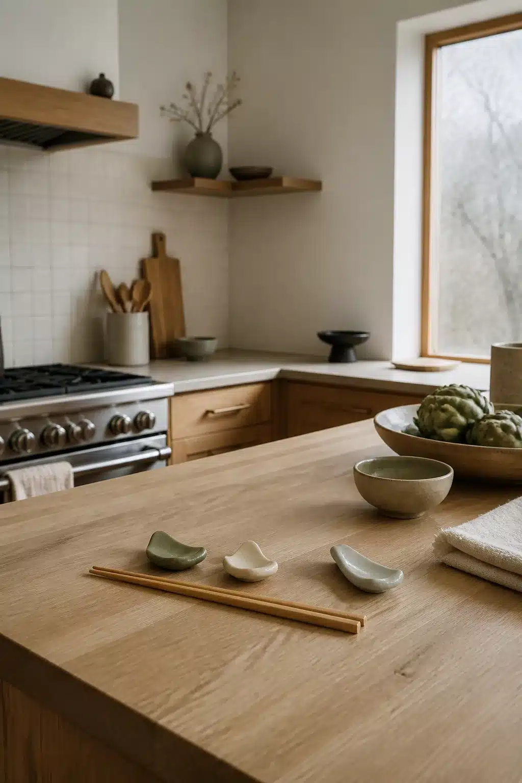 Sage and ivory ceramic chopstick rests on an oak island — Japandi kitchen accessories in a minimal warm kitchen