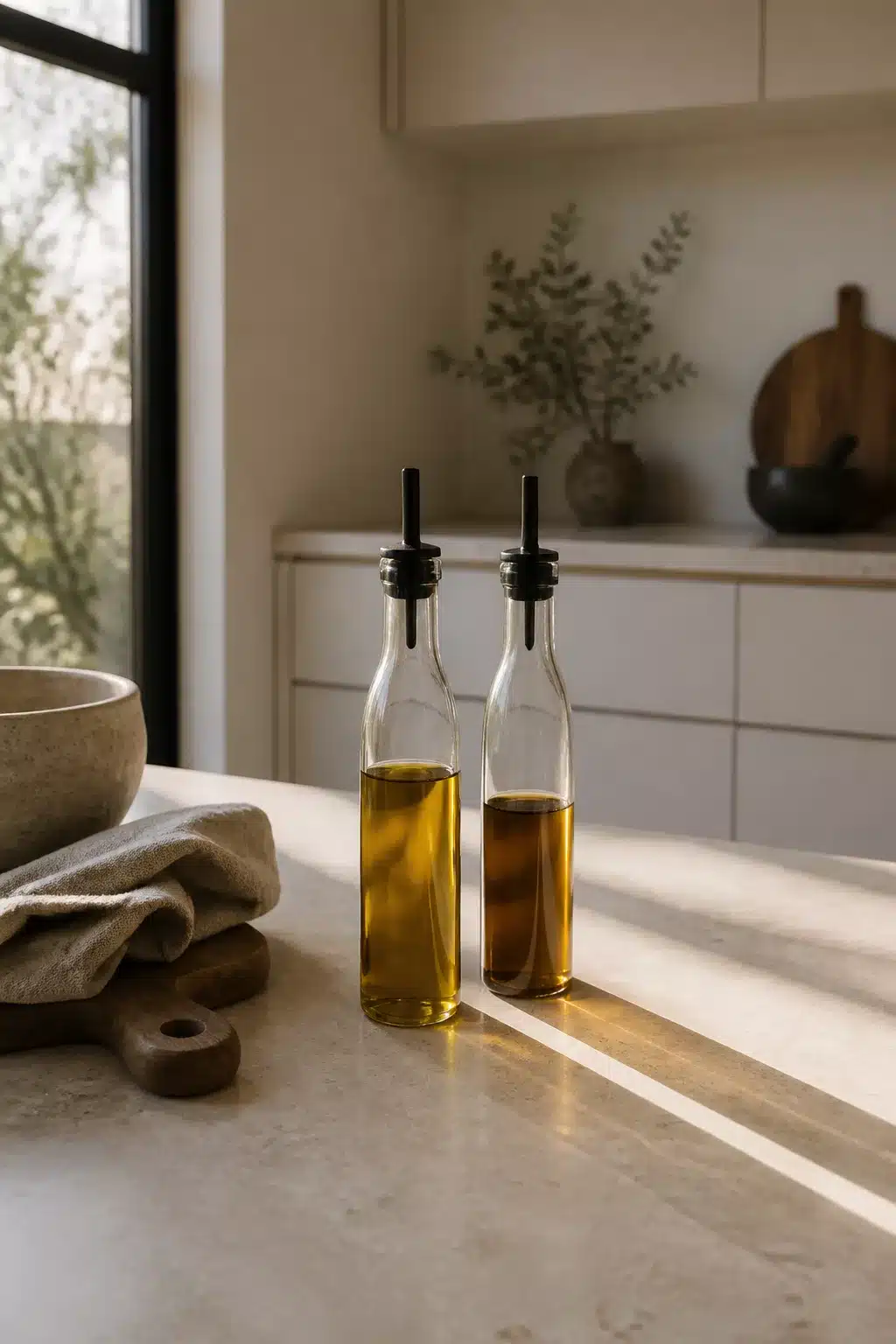 Clear glass oil and vinegar pourers with matte black stoppers on a stone countertop — Japandi kitchen accessories