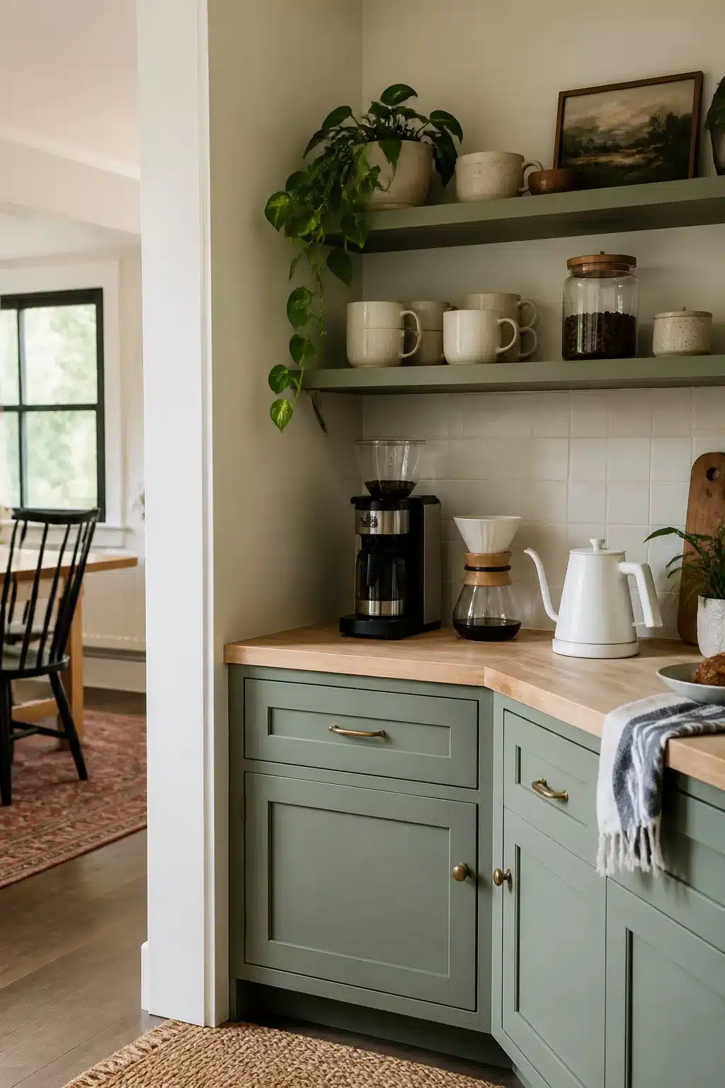 Sage green cabinet kitchen coffee bar corner decor ideas with butcher block counter and open shelving